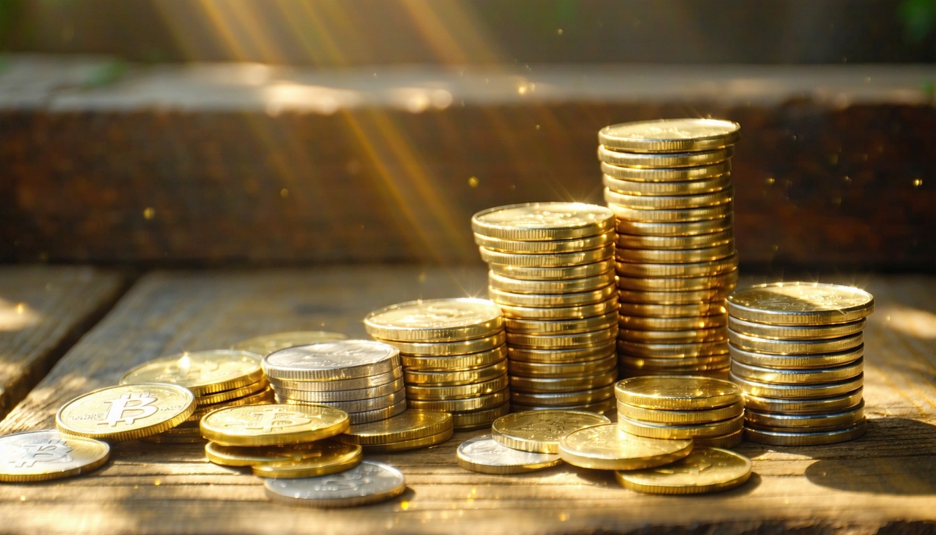 A stack of gold and silver coins gleaming under th